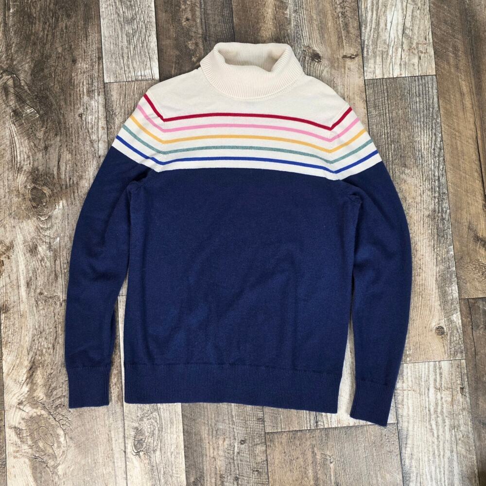 Lands End Cashmere Rainbow Stripe Turtleneck Sweater Navy Ivory Size Large Tall